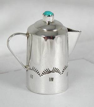 Navajo Handmade Sterling Silver and Turquioise Miniature Coffee Pot
