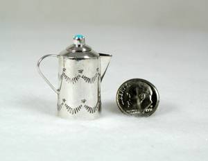 Navajo Handmade Sterling Silver and Turquioise Miniature Coffee Pot