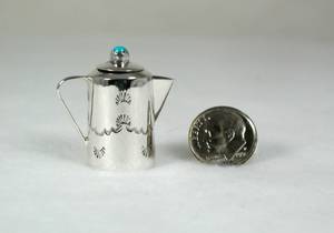 Navajo Handmade Sterling Silver and Turquioise Miniature Coffee Pot
