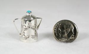 Navajo Handmade Sterling Silver and Turquioise Miniature Coffee Pot