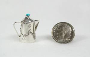 Navajo Handmade Sterling Silver and Turquioise Miniature Coffee Pot