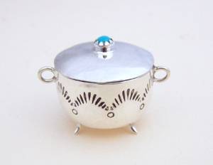 Navajo Handmade Sterling Silver and Turquioise Miniature Frying Pan
