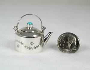 Navajo Handmade Sterling Silver and Turquioise Miniature Coffee Pot