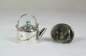 Navajo Handmade Sterling Silver and Turquioise Miniature Coffee Pot