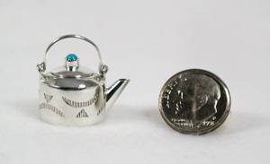 Navajo Handmade Sterling Silver and Turquioise Miniature Coffee Pot