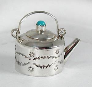 Navajo Handmade Sterling Silver and Turquioise Miniature Coffee Pot