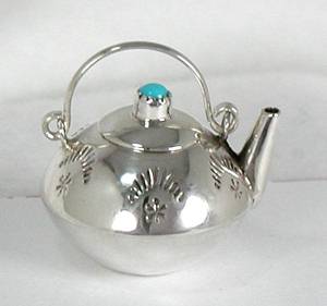 Navajo Handmade Sterling Silver and Turquioise Miniature Coffee Pot