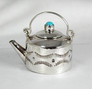 Navajo Handmade Sterling Silver and Turquioise Miniature Coffee Pot