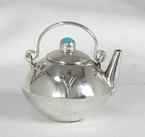 Navajo Handmade Sterling Silver and Turquioise Miniature Coffee Pot