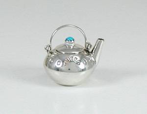 Navajo Handmade Sterling Silver and Turquioise Miniature Kettle