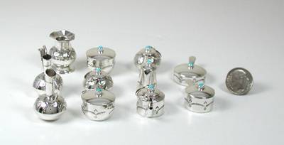 Navajo Handmade Sterling Silver and Turquioise Miniature Set