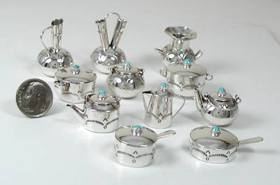 Navajo Handmade Sterling Silver and Turquioise Miniature Set
