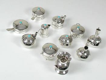Navajo Handmade Sterling Silver and Turquioise Miniature Set