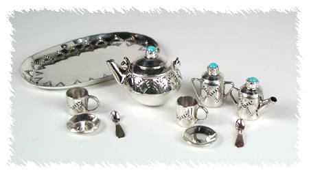 Navajo Handmade Sterling Silver and Turquioise Miniature Tea Set