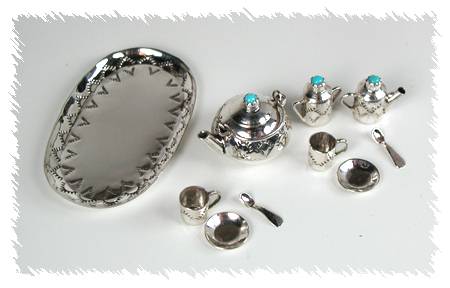 Navajo Handmade Sterling Silver and Turquioise Miniature Tea Set
