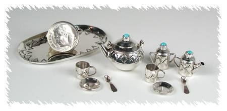 Navajo Handmade Sterling Silver and Turquioise Miniature Tea Set