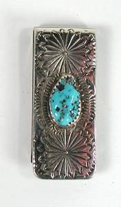 Hand made Native American Indian Jewelry; Navajo Sterling Silver  and Turquoise Nugget Money Clip