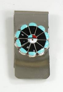 Hand made Native American Indian Jewelry; Zuni Sterling Silver Sunface Money Clip