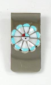 Hand made Native American Indian Jewelry; Zuni Sterling Silver Sunface Money Clip