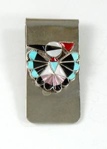 Hand made Native American Indian Jewelry; Zuni Sterling Silver Thunderbird  Money Clip