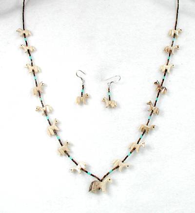 Navajo Heishi Ivory Horse Fetish Choker Necklace and Earrings by Hector Goodluck