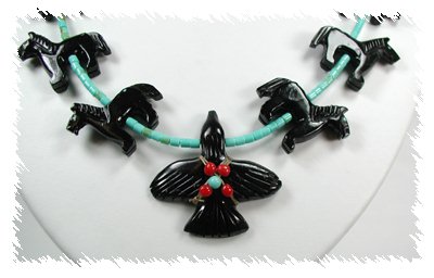 Navajo Heishi Jet Horse and Raven Fetish Necklace
