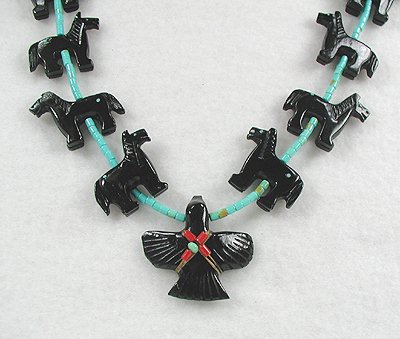 Navajo Heishi Jet Horse and Raven Fetish Necklace