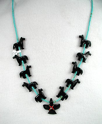 Navajo Heishi Jet Horse and Raven Fetish Necklace
