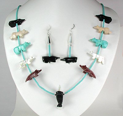 Navajo Heishi Six Directioins Animal Fetish Carving Necklace and Earings Set