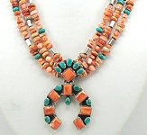 Navajo Sterling Silver spiny oyster naja and 3-strand bead necklace