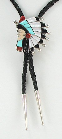 Zuni inlay Indian Chief bolo tie