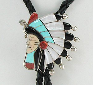 Zuni inlay Indian Chief bolo tie