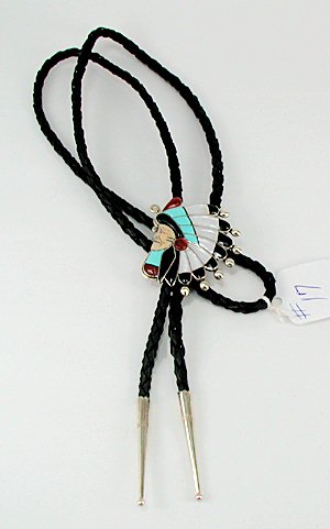 Zuni inlay Indian Chief bolo tie