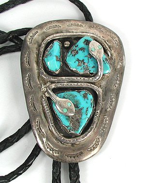 Navajo sterling silver and turquoise snake bolo tie G. Calavaza