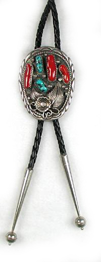 Navajo pawn turquoise coral bolo tie