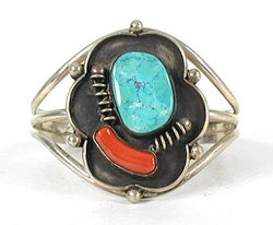 Vintage Authentic Native American Sterling Silver Turquoise and Coral Bracelet 6 1/2 inch