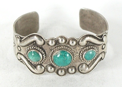 Vintage stamped and repousse Sterling Silver and three stone Turquoise Bracelet 6 1/2 inch