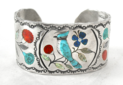 Authentic Native American Sterling Silver inlay bird bracelet with coral, turquoise, abalone, lapis 6 1/4 inch by Navajo/Zuni artisan Jacob Livingston