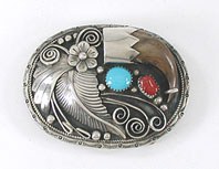 Authentic Native American New Old Stock sterling silver Claw Belt buckle with turquoise and coral by Navajo artist Linda Marble