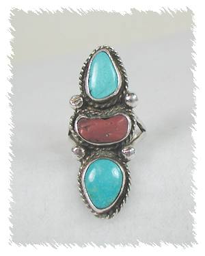 Hand made Native American Indian Jewelry; Navajo Sterling Silver Turquoise Coral Ring