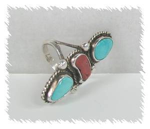 Hand made Native American Indian Jewelry; Navajo Sterling Silver Turquoise Coral Ring