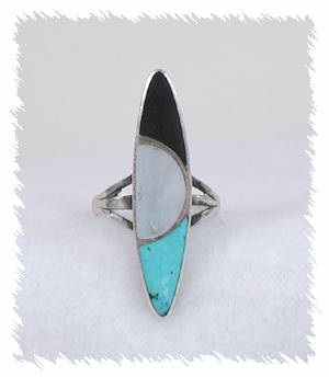 Hand made Native American Indian Jewelry; Navajo Sterling Silver Turquoise MOP Jet Inlay Ring