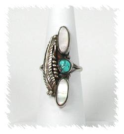 Navajo Sterling Silver Mother of Pearl and   Turquoise Inlay Coral Turquoise  Ring