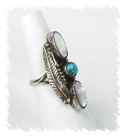 Navajo Sterling Silver Mother of Pearl and   Turquoise Inlay Coral Turquoise  Ring