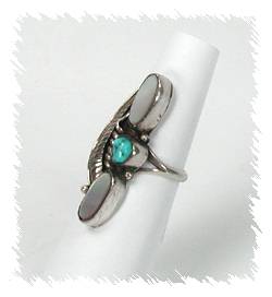 Navajo Sterling Silver Mother of Pearl and   Turquoise Inlay Coral Turquoise  Ring