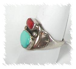 Navajo Sterling Silver Turquoise and Coral  Ring