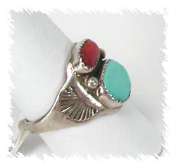 Navajo Sterling Silver Turquoise and Coral  Ring