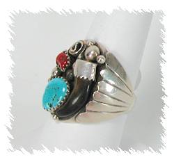 Navajo Sterling Silver Turquoise and Coral  Ring