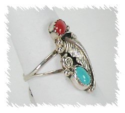 Navajo Sterling Silver Turquoise and coral Ring