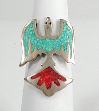 Navajo Sterling Silver  chip inlay peyote birt coral Turquoise ring